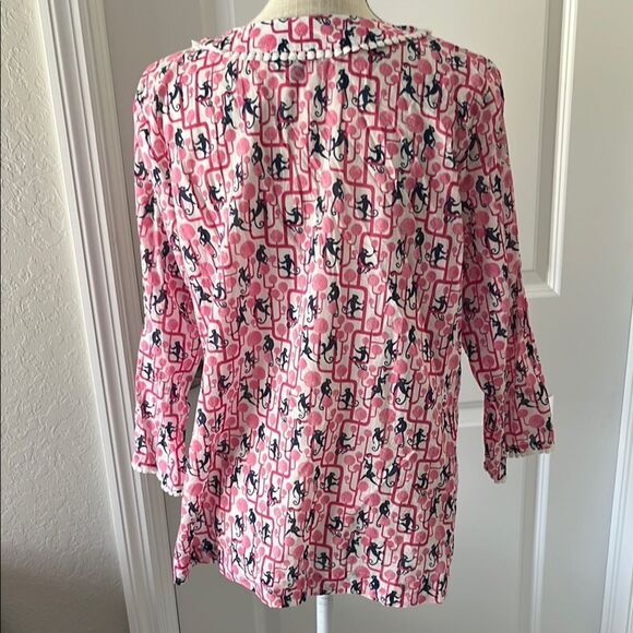 Talbots Petites Pink and White Monkeys Smocked Tunic with 3/4 Sleeves - Picture 7 of 8